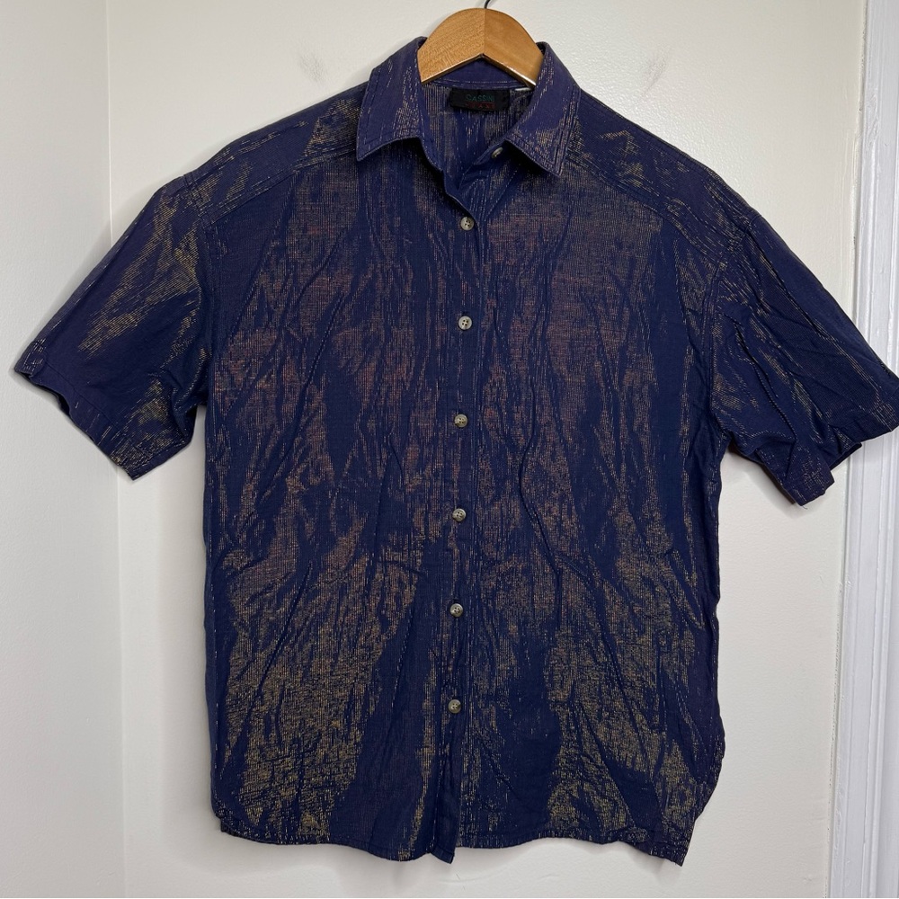 VTG 80s Cassini Jeans Button Up Blouse Top Shiny Unique Metallic Gold Disco Club